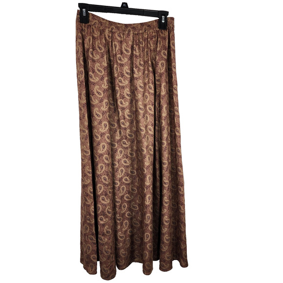 Woolrich Womens Long Maxi Skirt Medium Camel Purple Paisley Rayon Button Front - Picture 2 of 10